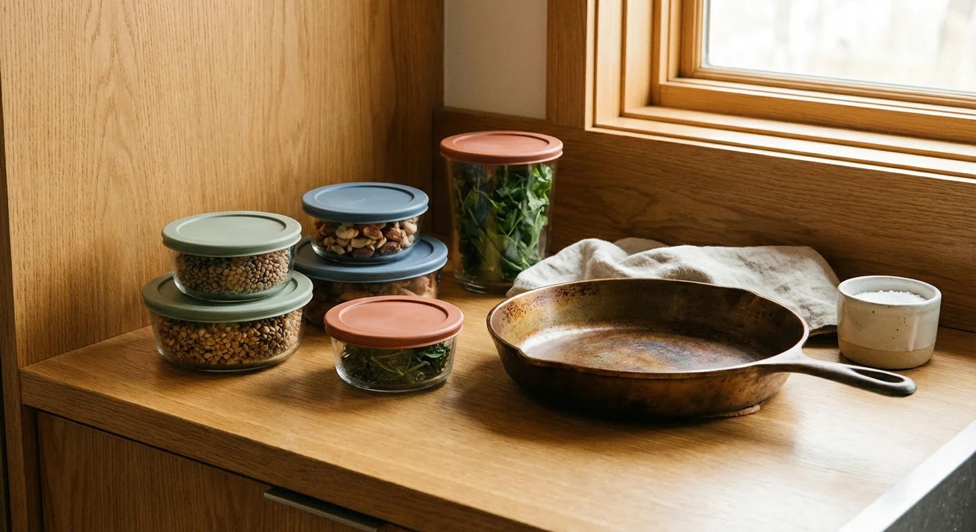 Glass storage containers and a cast iron skillet on a clean wooden kitchen counter.