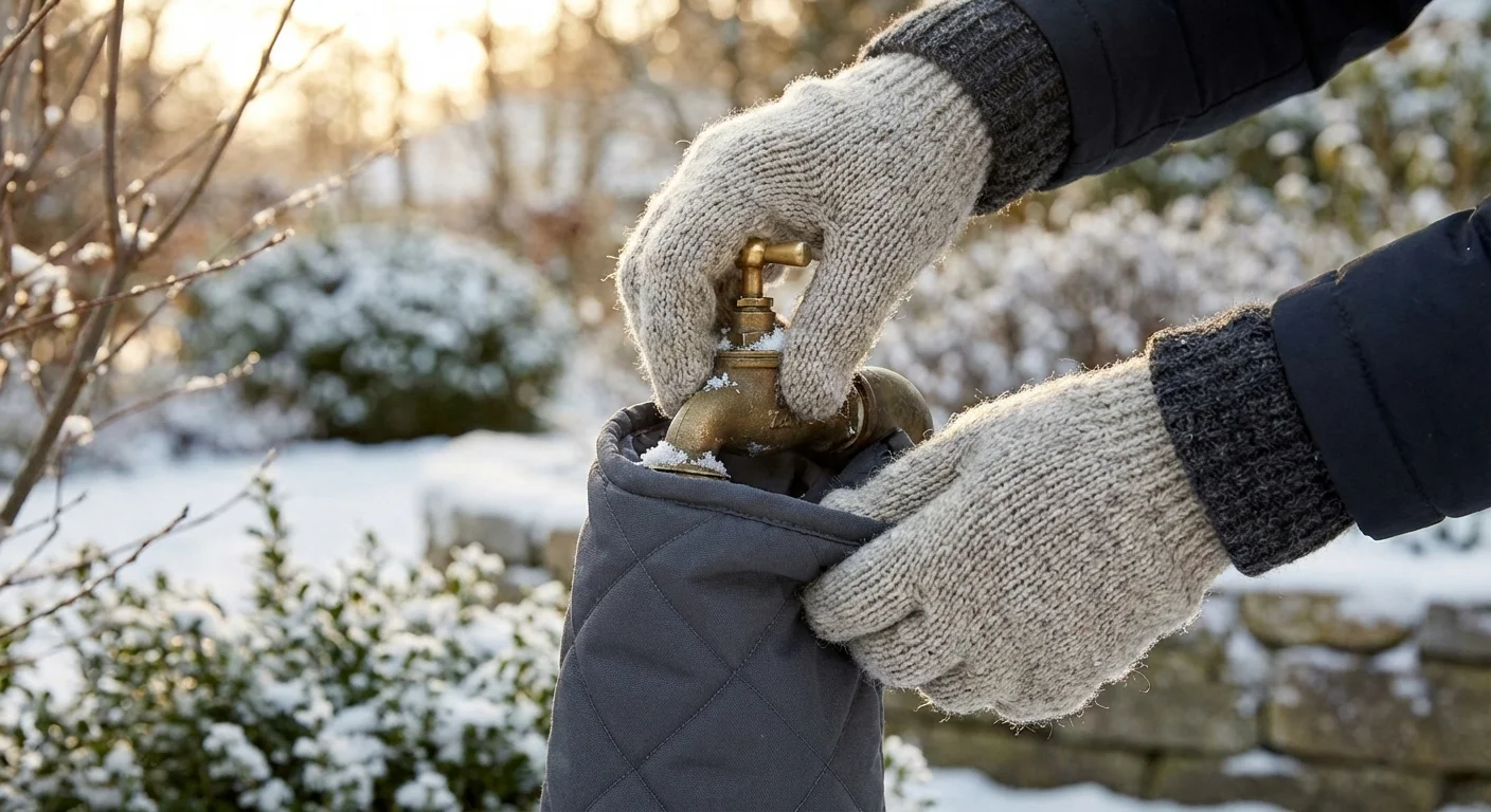 Gloved hands installing an insulated cover on an outdoor water spigot.