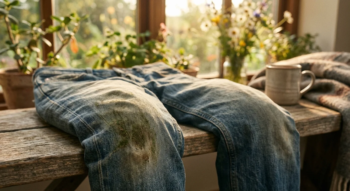 Grass stain on the knee of denim jeans in a sunlit room.