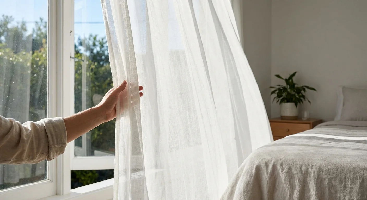Hand opening a light curtain at a window to allow airflow into a bright bedroom.
