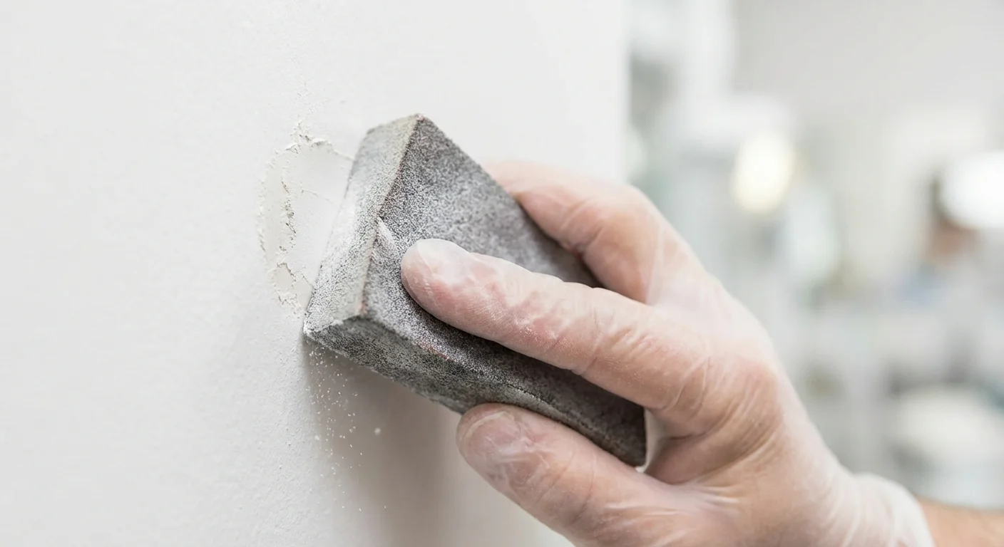 Hand sanding a wall patch to create a smooth surface for painting.