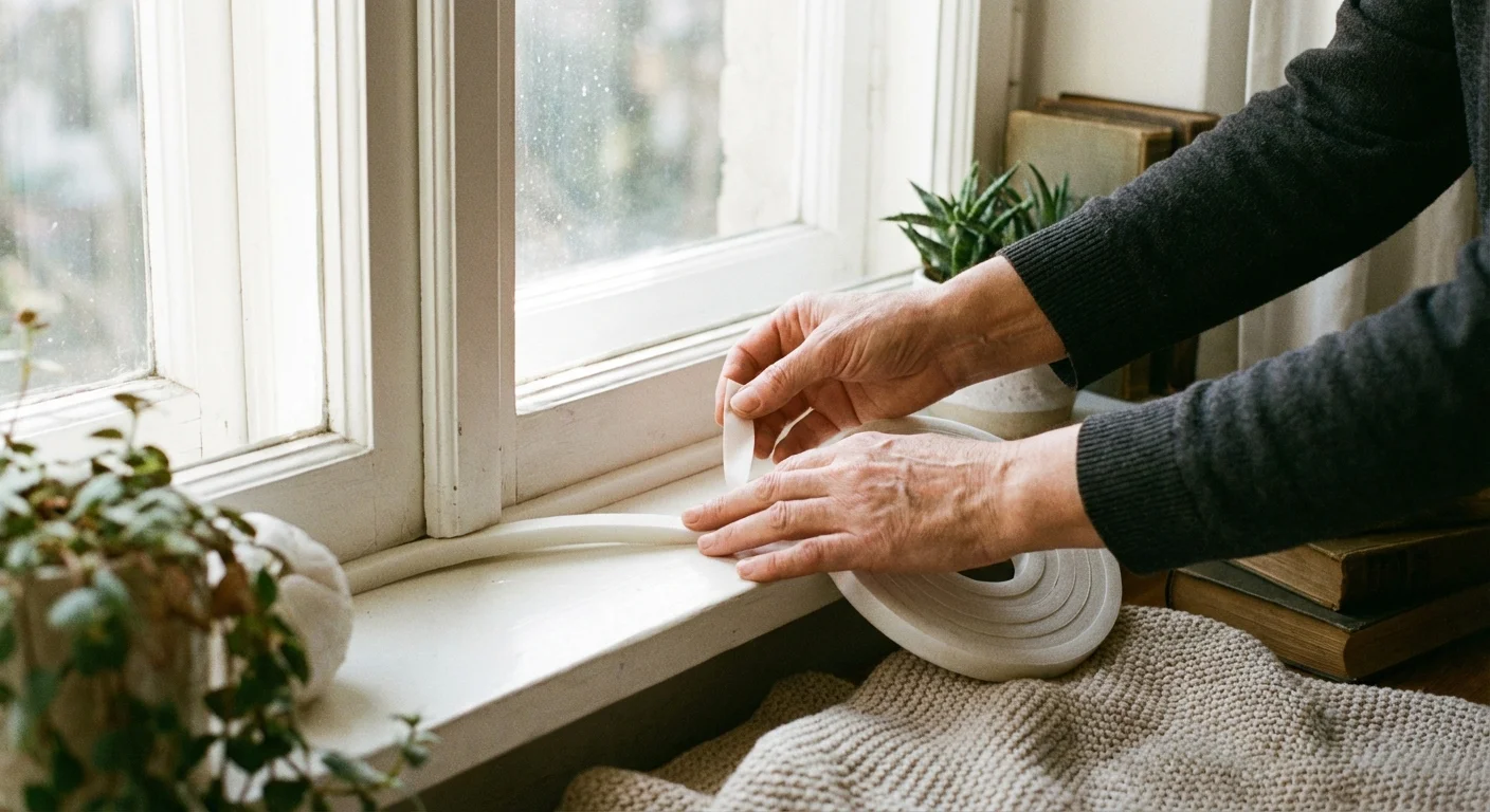 Hands applying adhesive weatherstripping to a window frame to stop drafts.