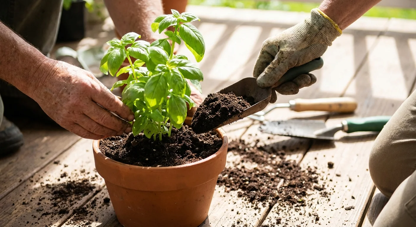 Hands applying dark finished compost to a potted plant.
