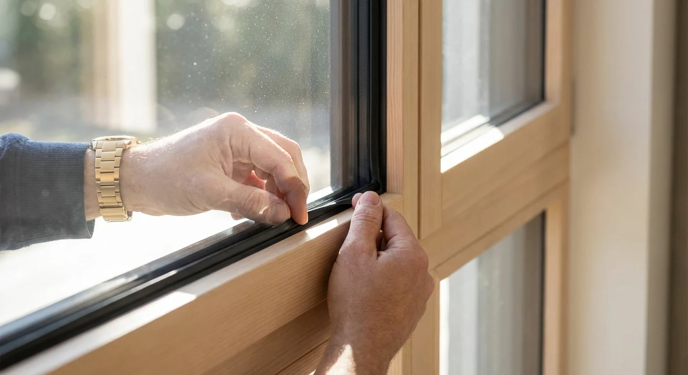 Hands checking the seal of a window frame in a sunlit room.