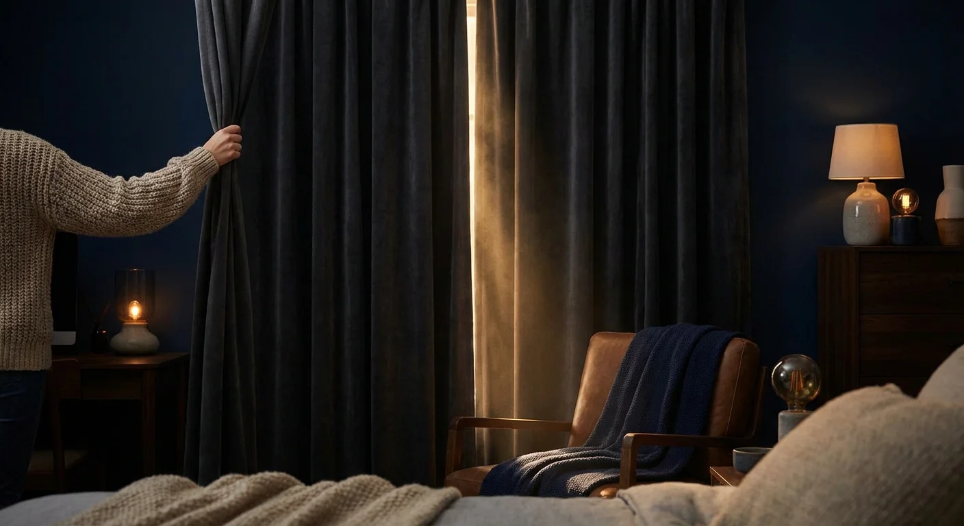 Hands closing thick charcoal blackout curtains in a dim, cozy bedroom.