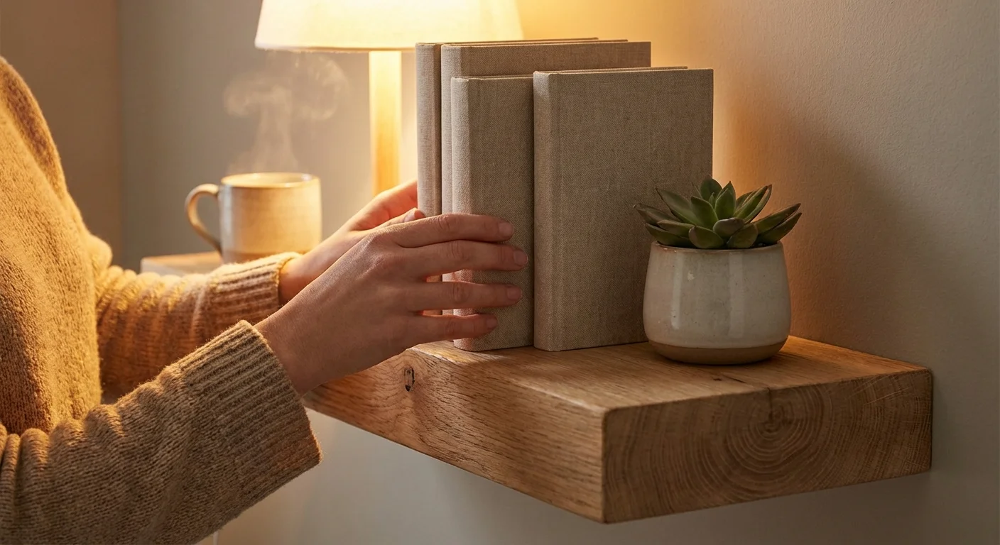 Hands decorating a new floating shelf with books and a small plant.