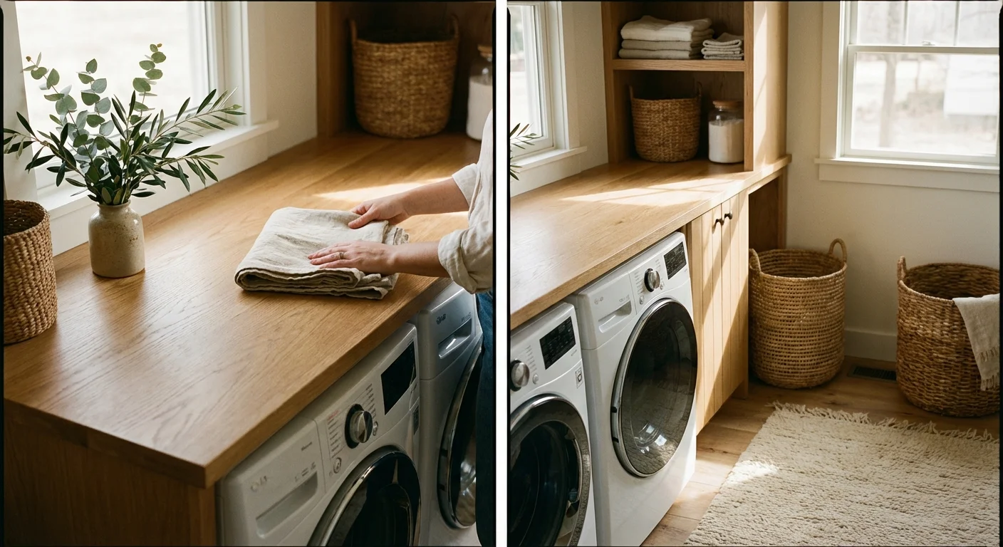 Hands folding laundry on a wooden countertop built over a washer and dryer.