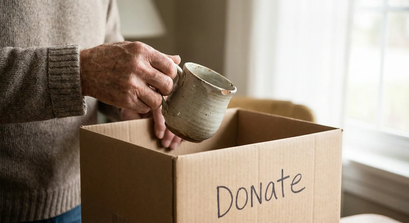 Hands holding a ceramic mug over a box labeled for donation.