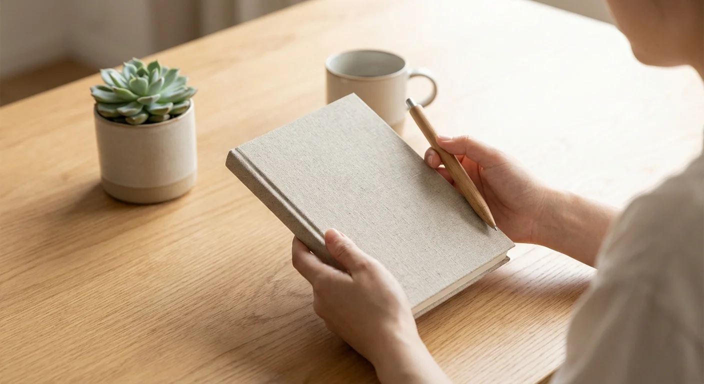 Hands holding a notebook and pen on a clean wooden table in soft light.