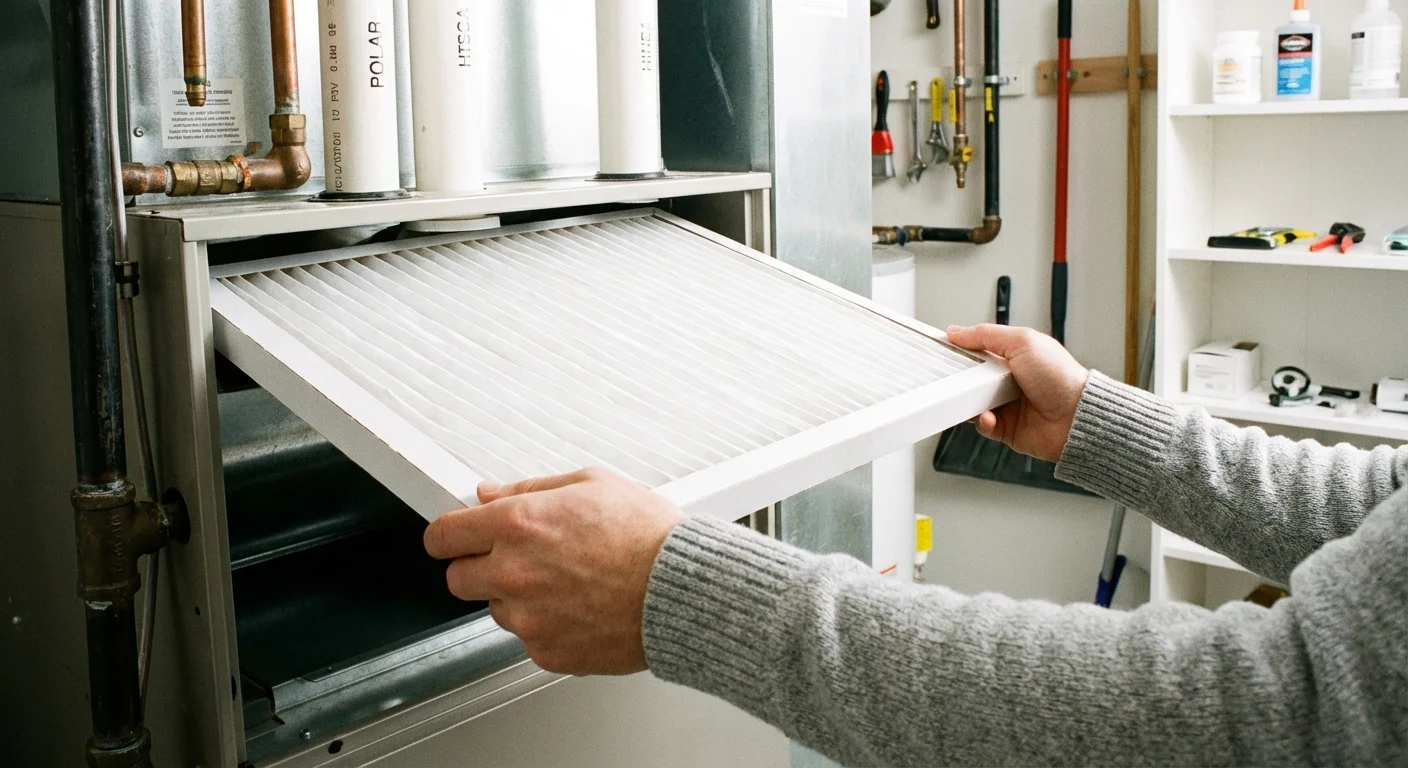Hands inserting a clean white air filter into a home HVAC system.