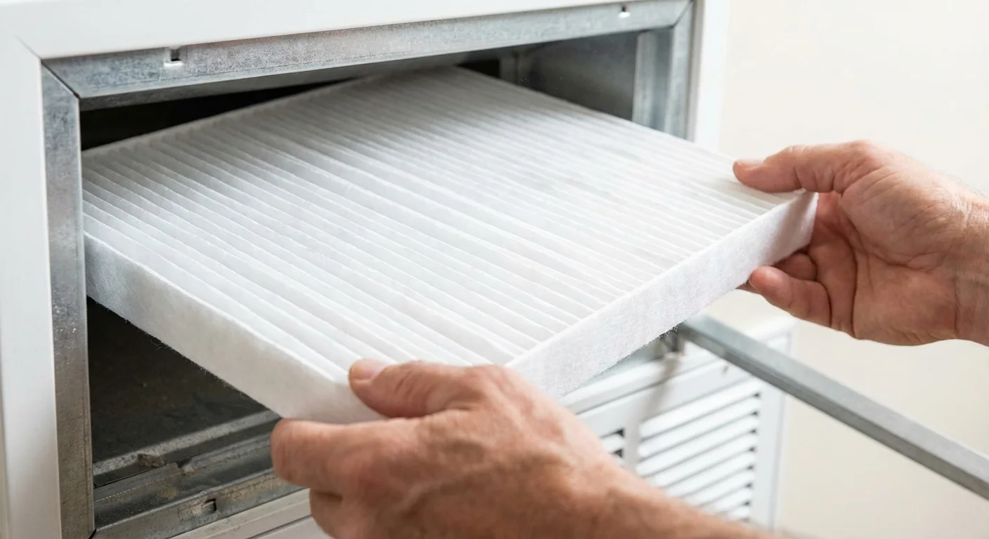 Hands installing a fresh white air filter into a home ventilation system.