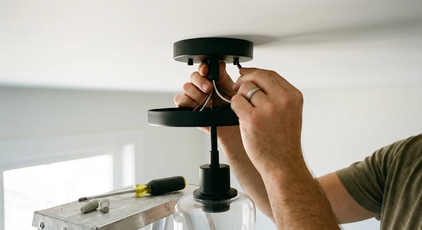 Hands installing a modern black ceiling light fixture to replace an old dome light.