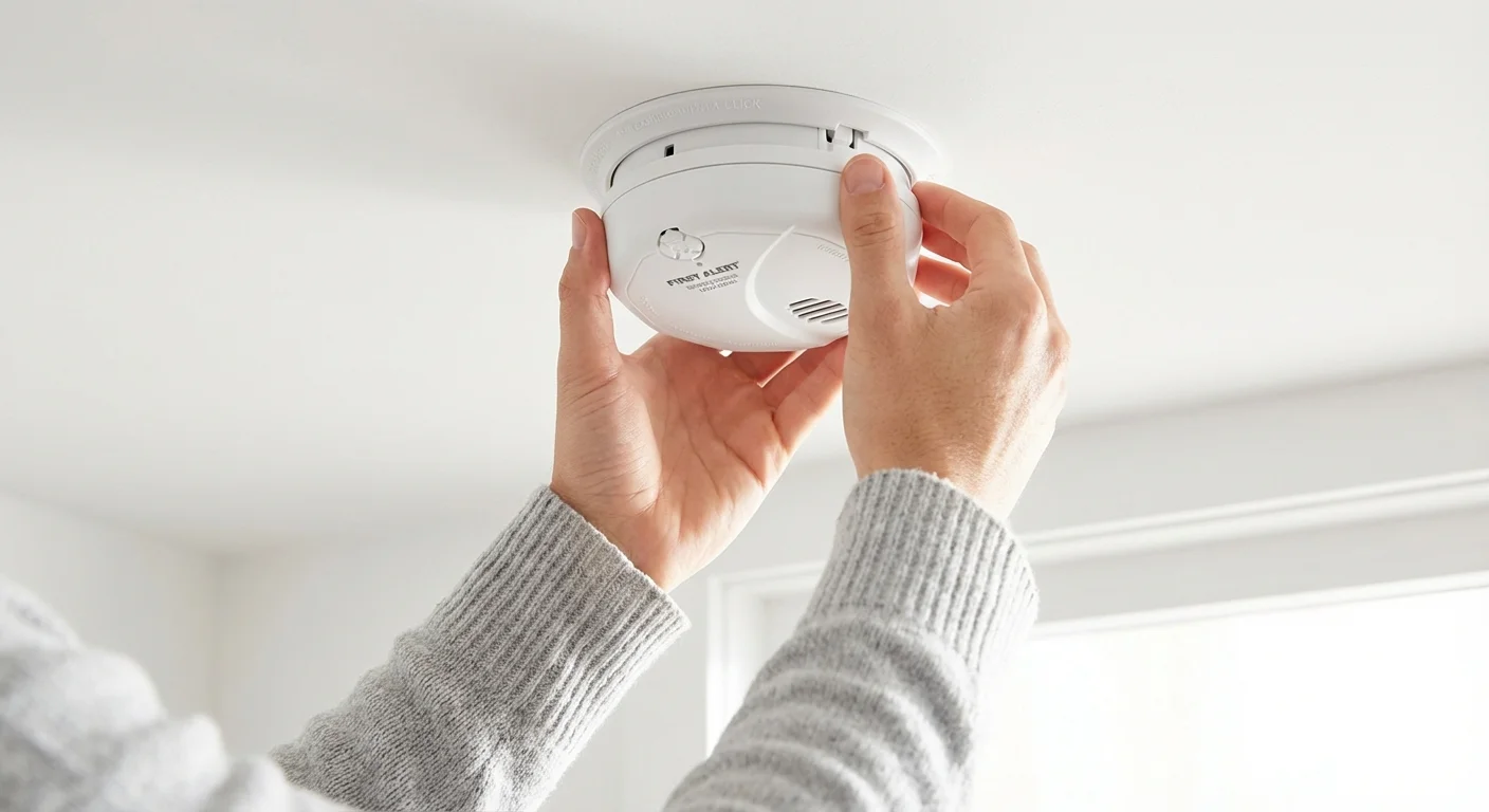 Hands installing a new smoke detector onto a ceiling bracket.