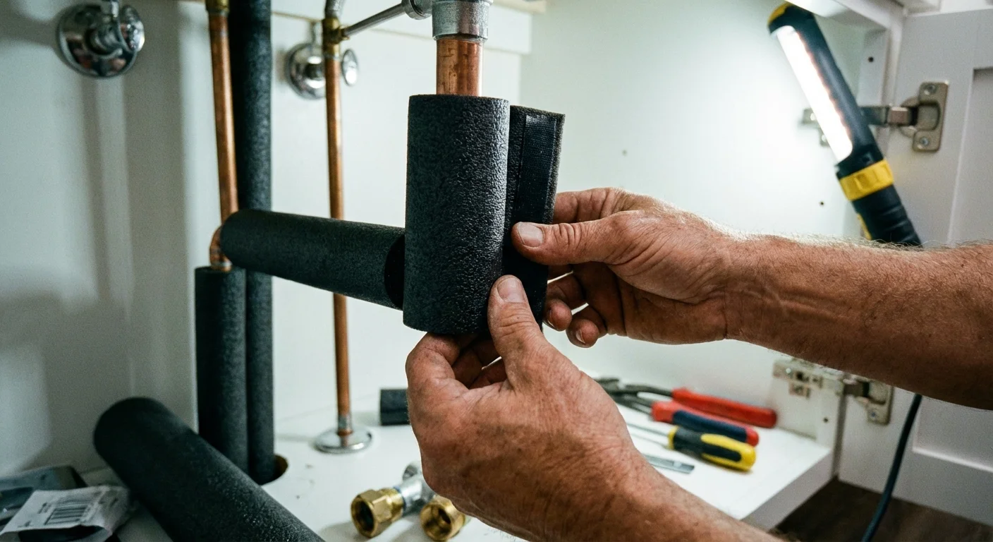 Hands installing foam insulation sleeves on water pipes under a bathroom sink.