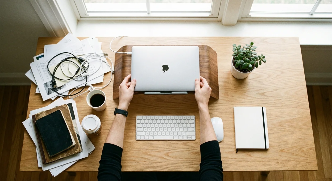 Hands organizing a cluttered desk to create a clean, ergonomic workspace.