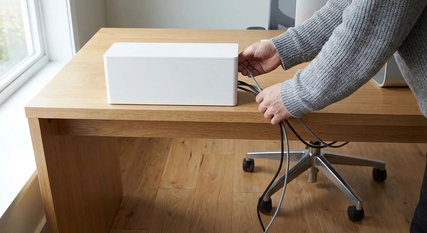 Hands organizing computer cables into a sleek white cable management box.
