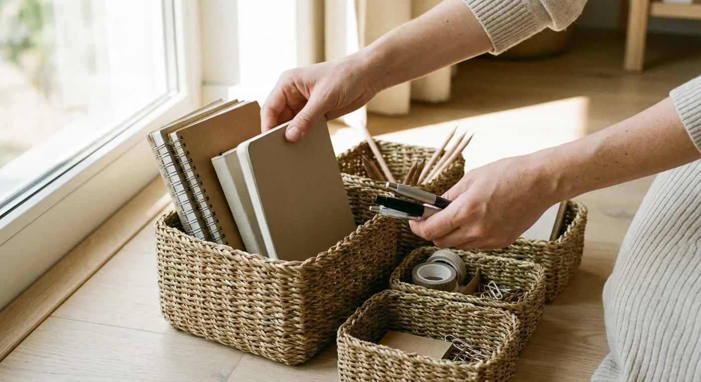 Hands organizing office supplies into neat baskets during a decluttering session.