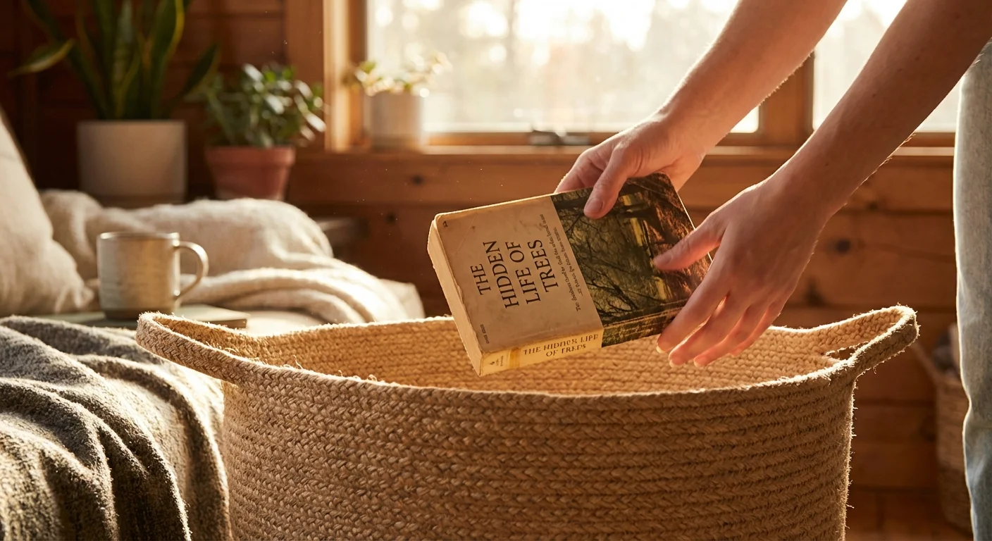 Hands placing a book into a woven basket in a sunlit room.