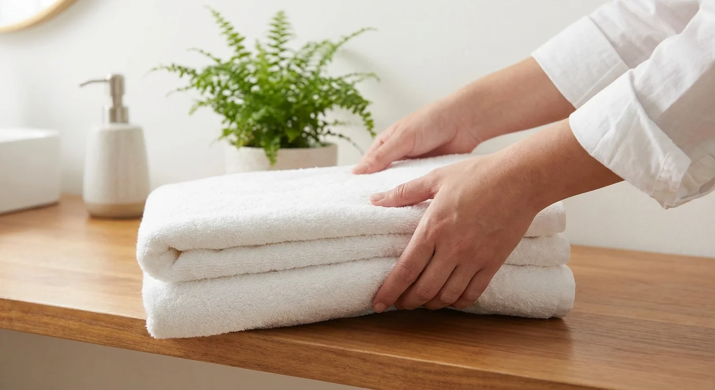 Hands placing a stack of clean white towels on a shelf in a spa-like bathroom.