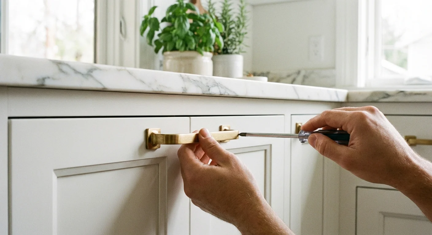 Hands replacing a kitchen cabinet handle with a modern brass pull.