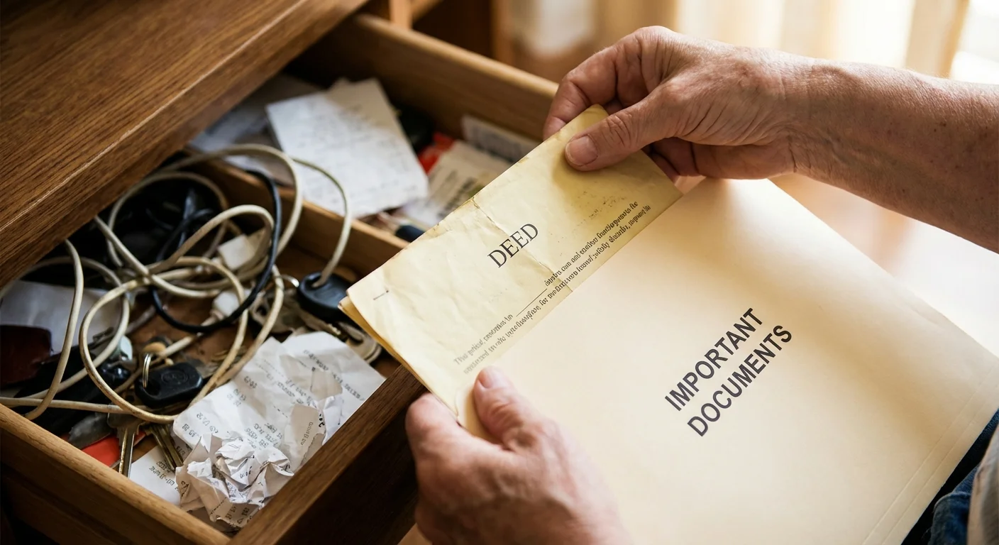 Hands rescuing an important document from a messy drawer to put it into an organized folder.