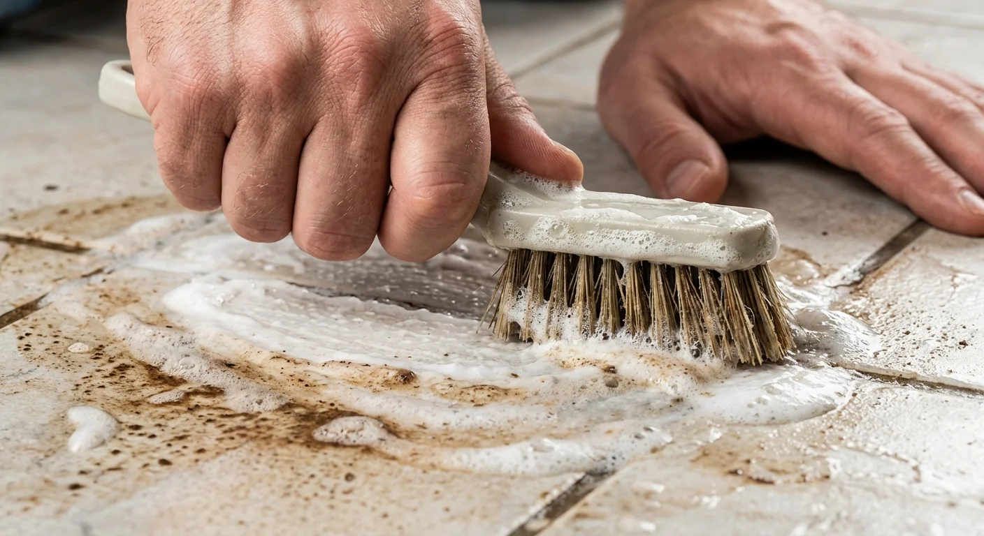 Hands scrubbing white cleaning paste into floor grout lines with a stiff brush.