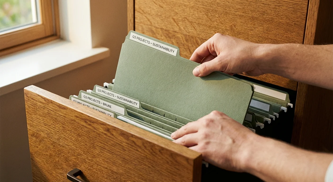 Hands sliding a sage green folder into an organized oak filing cabinet.