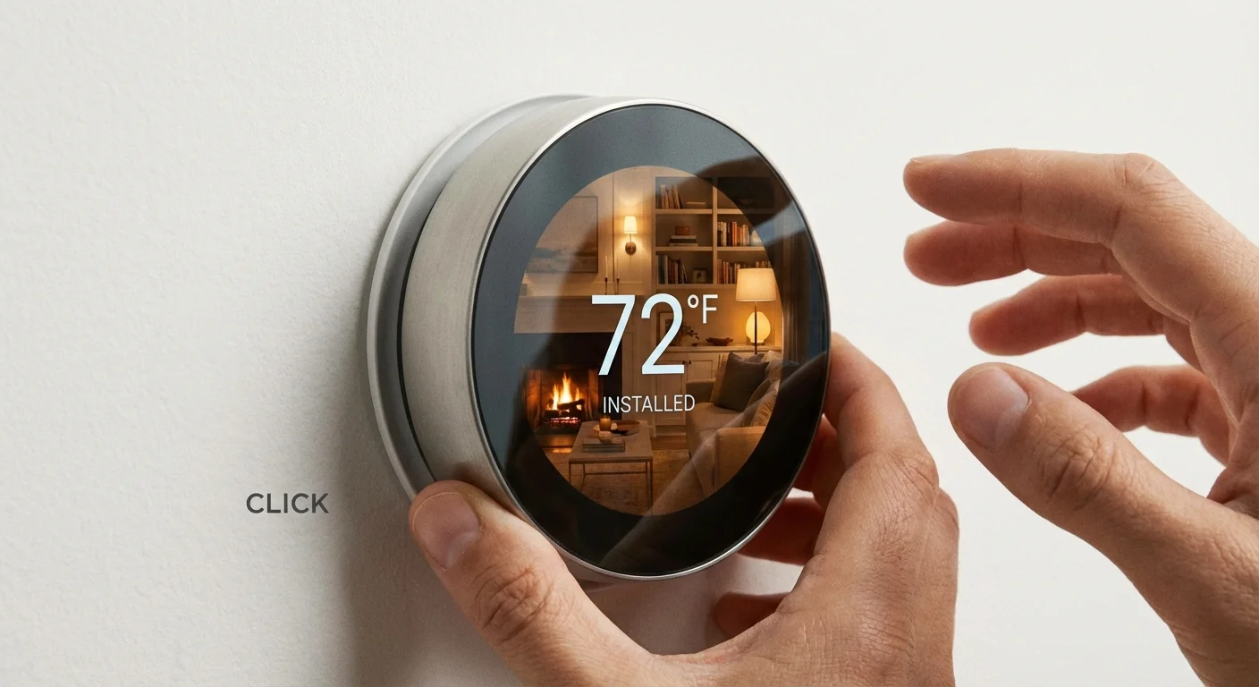 Hands snapping the faceplate of a smart thermostat onto the wall mount.