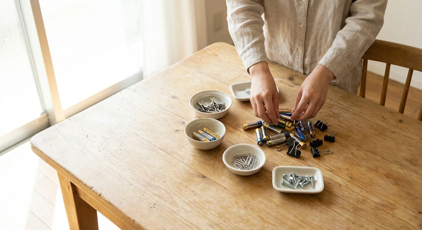 Hands sorting small household items into categorized piles.