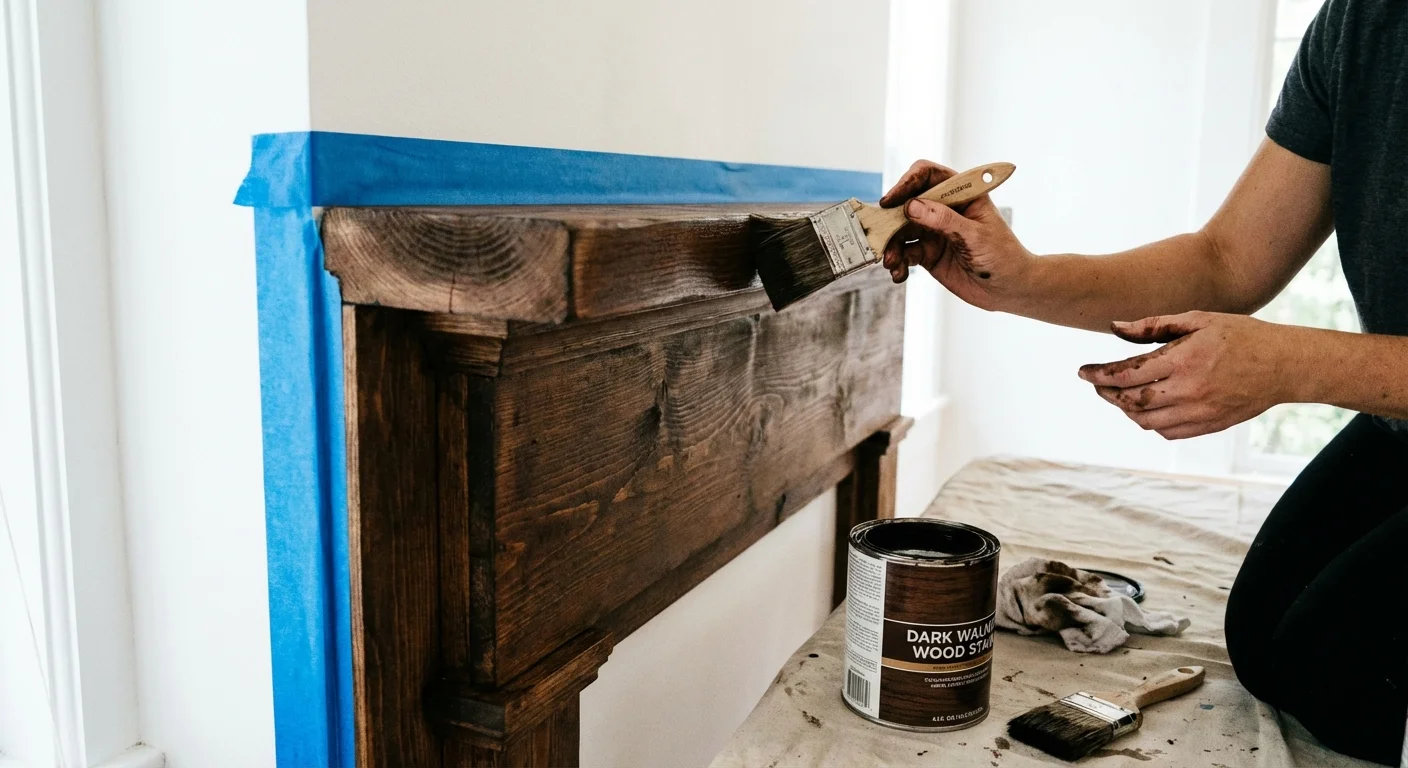 Hands staining a wooden mantel as part of a DIY fireplace upgrade.
