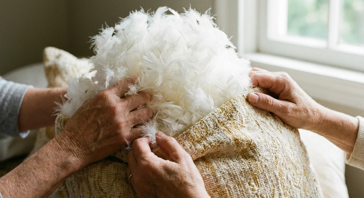 Hands stuffing a pillow insert into a cover to show proper sizing.