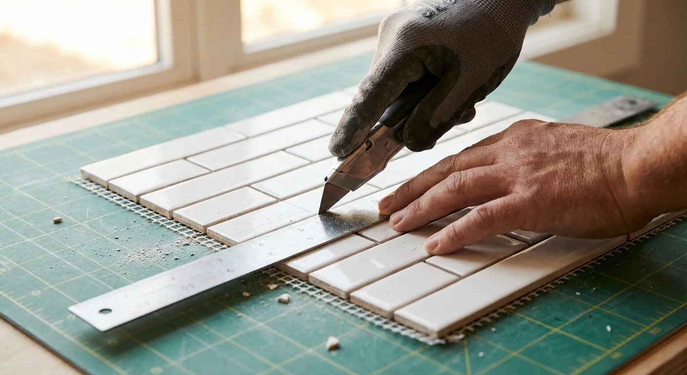 Hands using a ruler and utility knife to cut a tile sheet on a mat.