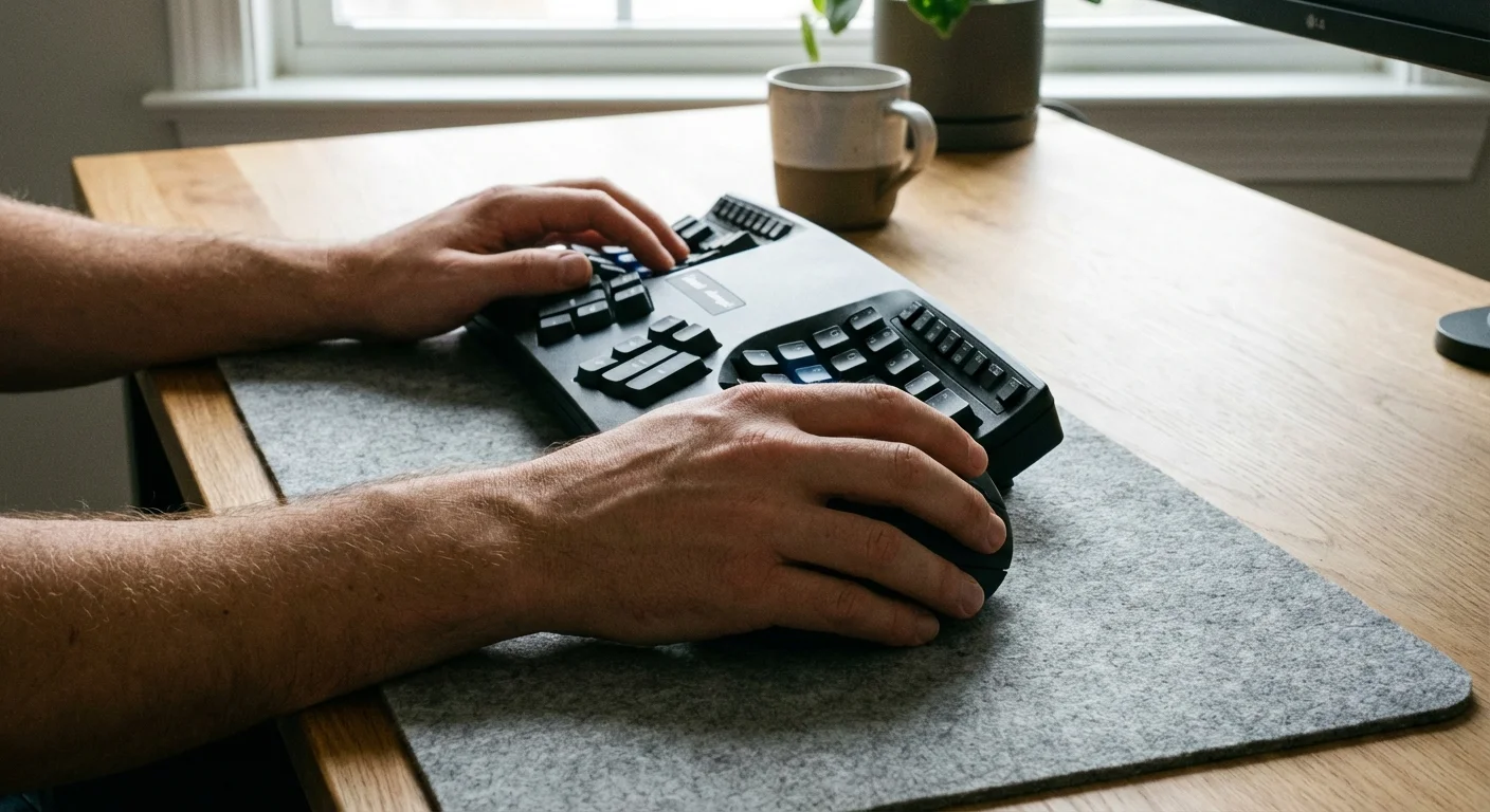 Hands using an ergonomic split keyboard and vertical mouse on a desk mat.