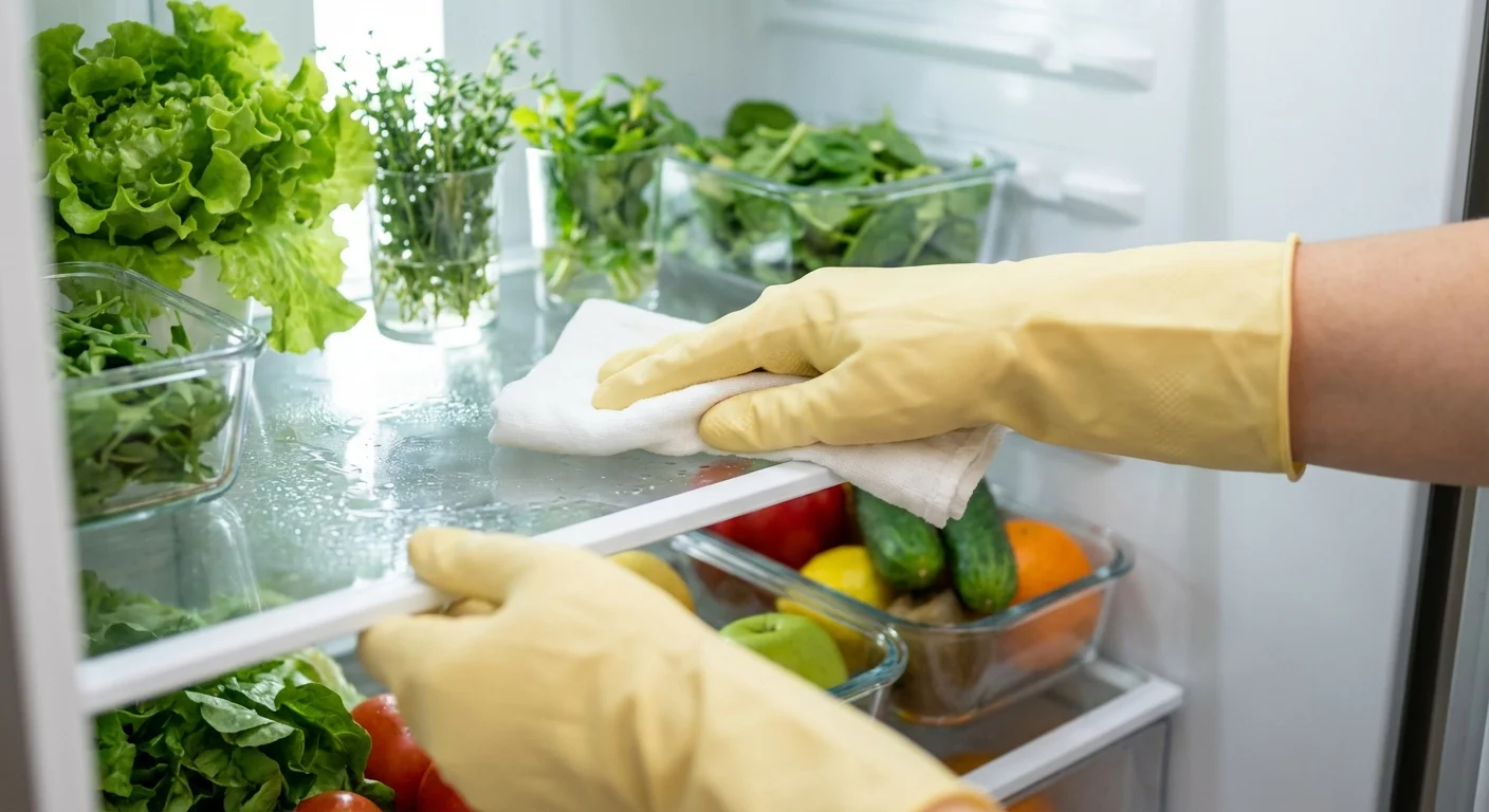 Hands wiping a glass refrigerator shelf in a bright, clean fridge.