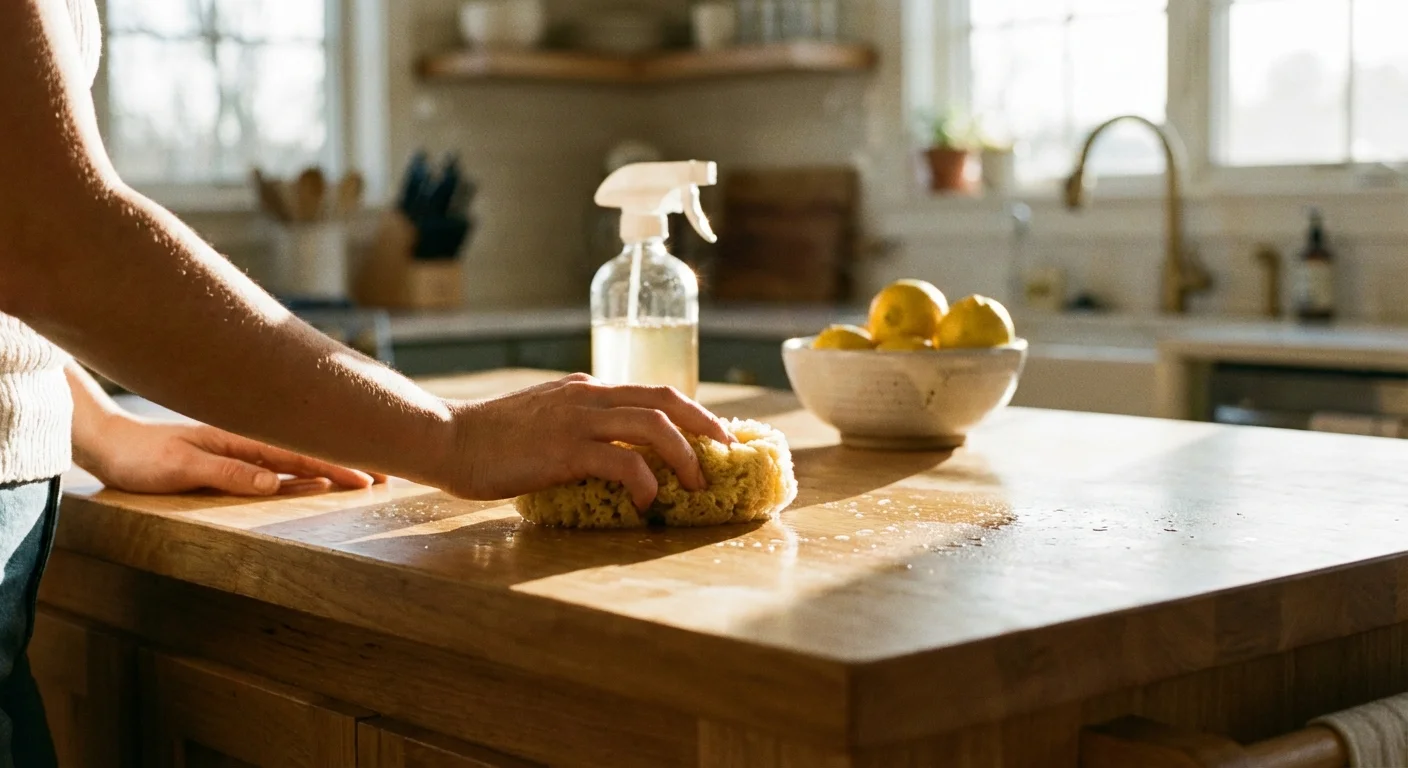 Hands wiping a kitchen island with a natural sponge and spray.
