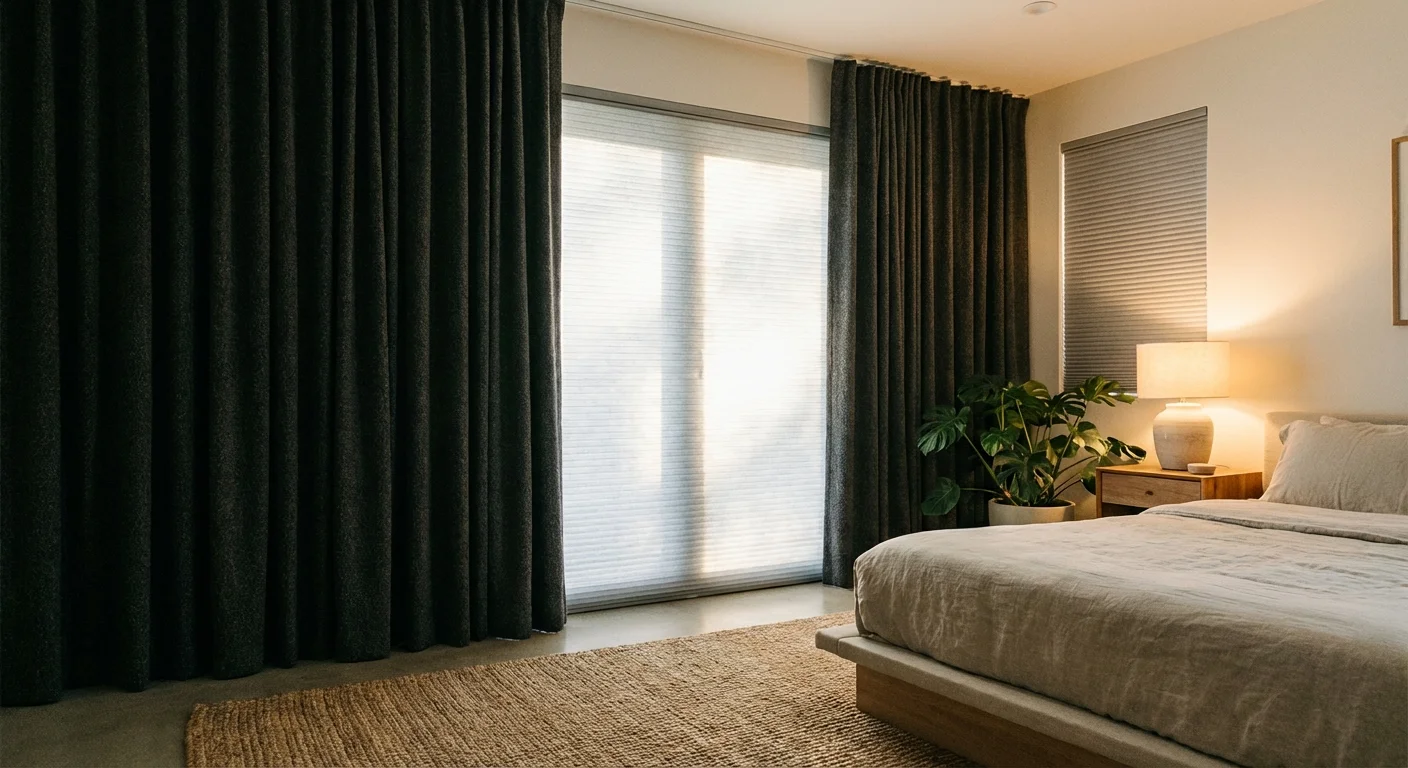 Heavy charcoal curtains and cellular shades layered on a window for thermal insulation.