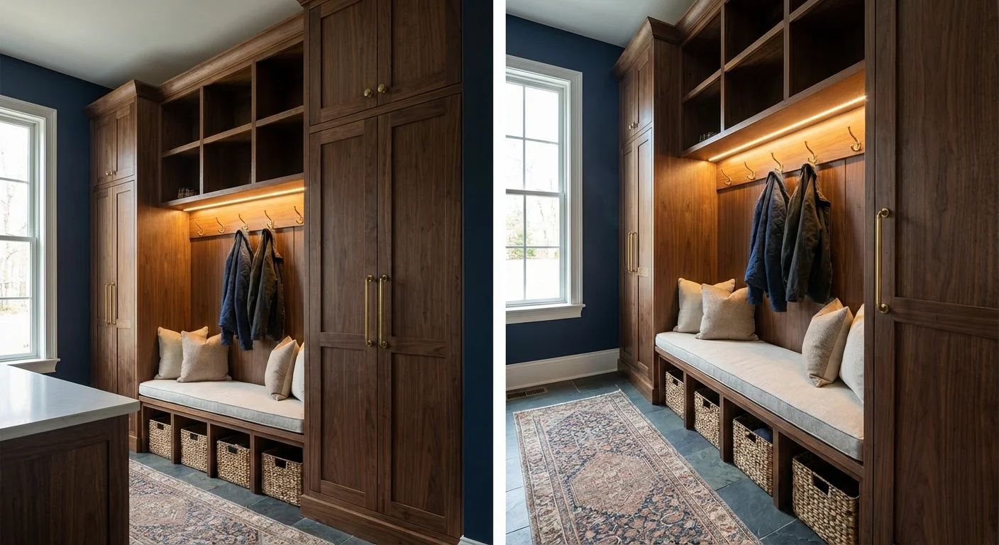 High-quality custom built-in cabinetry in a professionally designed mudroom.