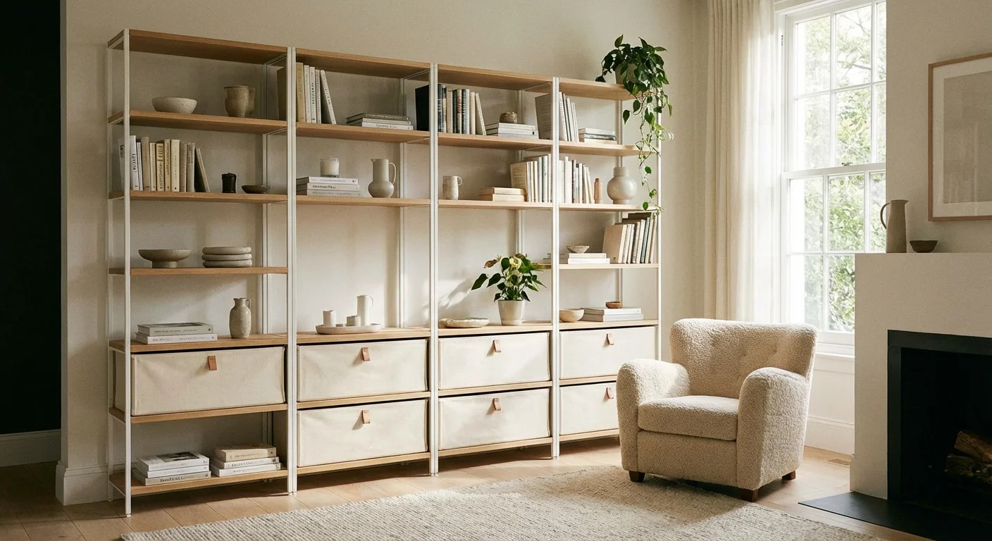 High-quality modular shelving system in a modern child's bedroom.