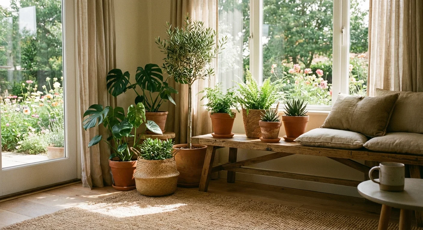 Indoor plants on a wooden bench by a bright window, bringing a touch of nature inside.