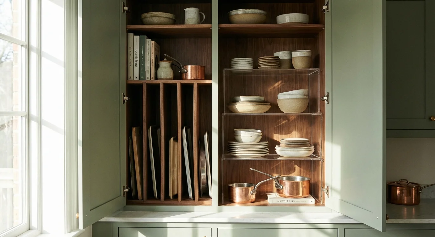 Inside an organized kitchen cabinet with vertical dividers for pans and shelf risers for plates.
