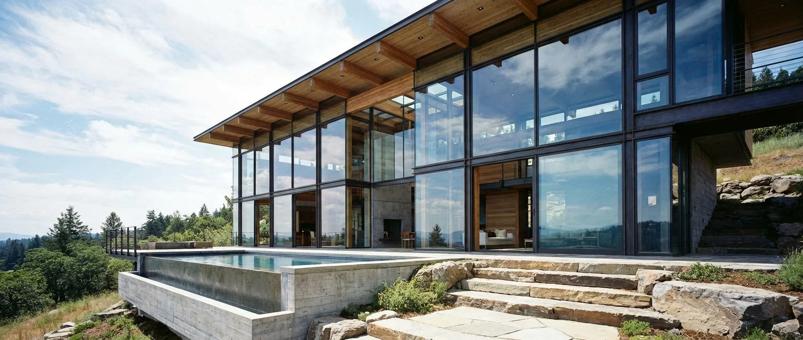 Large, multi-story architectural windows on a modern luxury home.