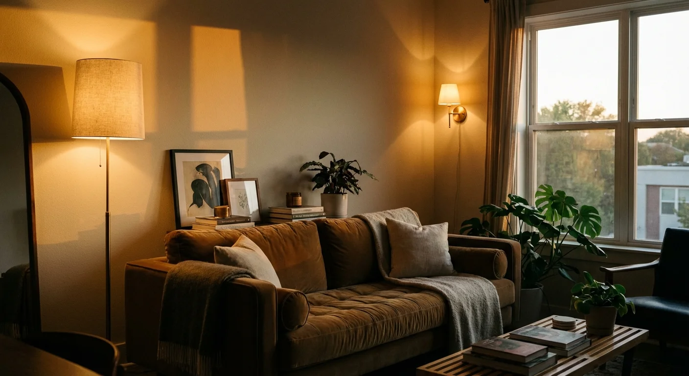 Layered lighting with a floor lamp and wall sconce creating a cozy, expansive atmosphere at night.