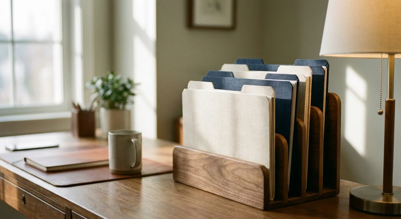Linen file folders neatly arranged in a wooden desk organizer.