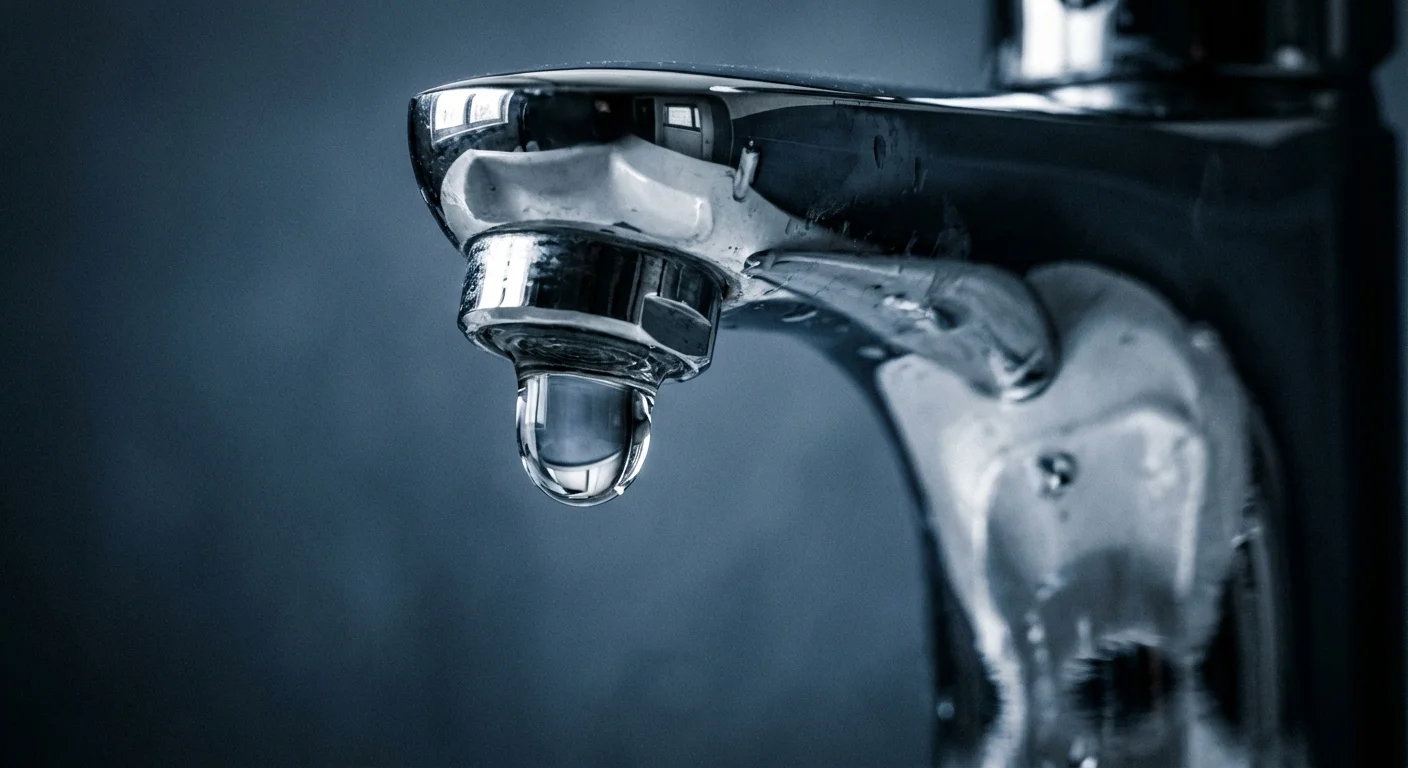 Macro shot of a single water droplet dripping from a faucet.