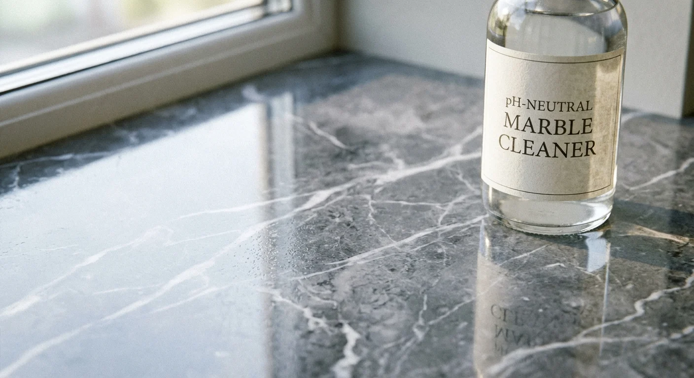 Macro view of polished marble flooring with a gentle cleaning product nearby.