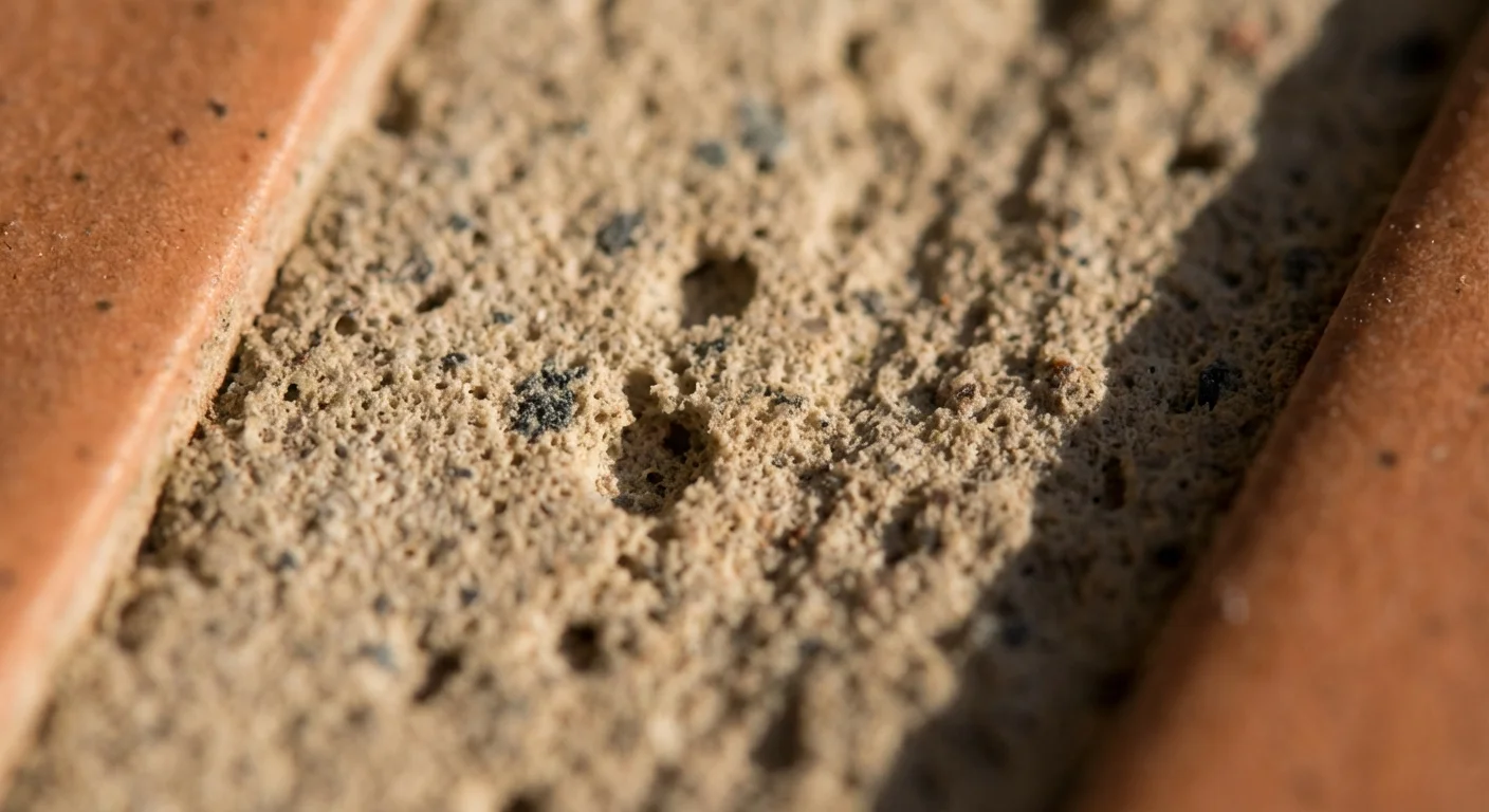 Macro view of porous cement grout between tiles showing dirt trapped in the texture.
