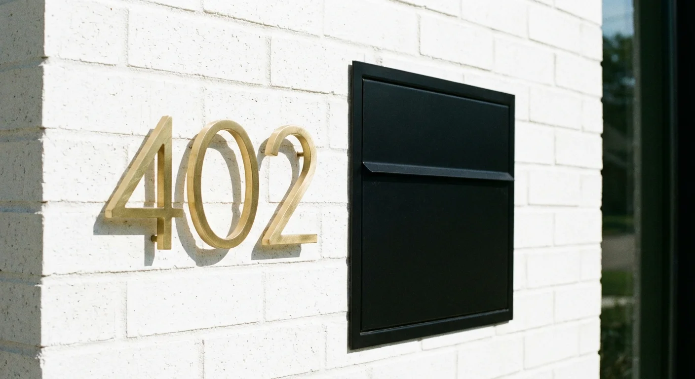 Modern brass house numbers and a black mailbox on a white wall.