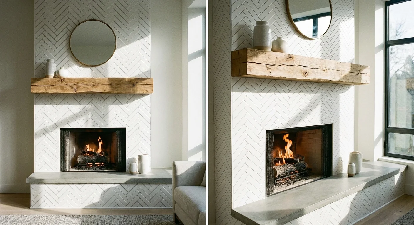 Modern fireplace with white herringbone tile and a reclaimed wood beam mantel.