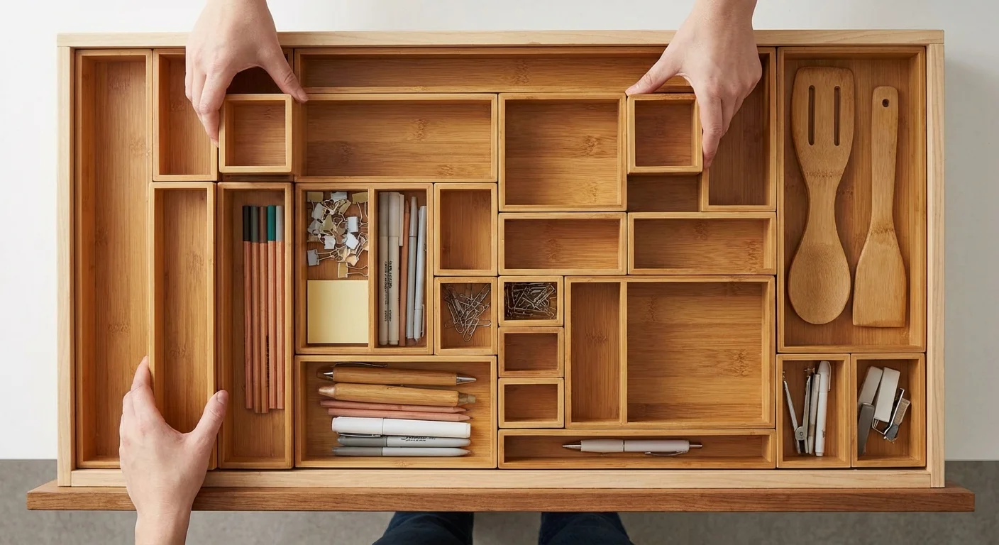 Modular bamboo bins being arranged inside a kitchen drawer.