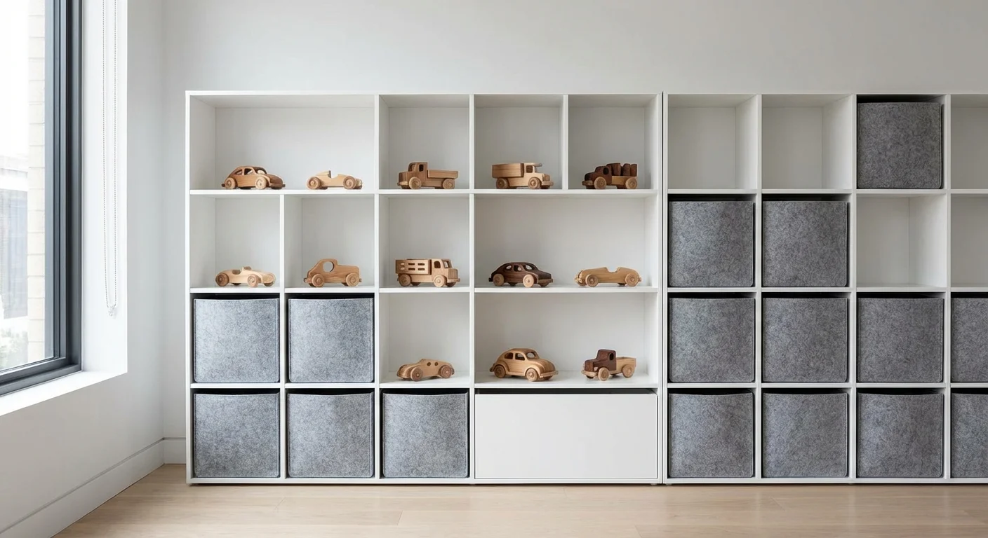 Modular white cube shelving with a mix of open displays and fabric storage bins.